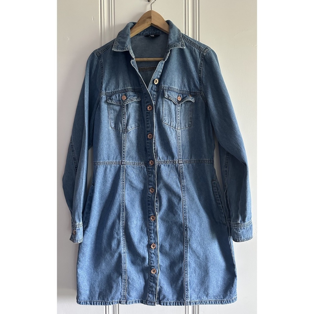 Frye Denim Shirt Dress Womens Medium Button Front Long Sleeve Blue Jean Pockets